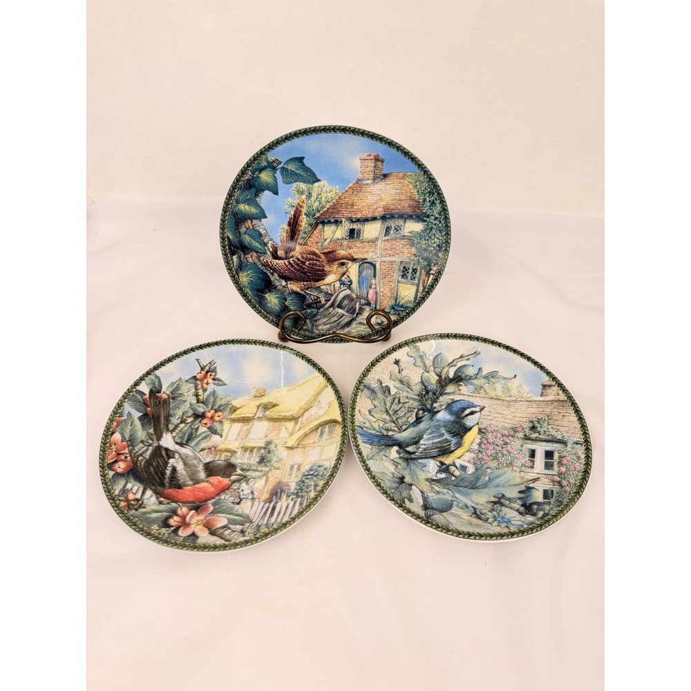 Set of 3 Decorative Bird and English Cottage Ceramic Plates 7.5 Inch